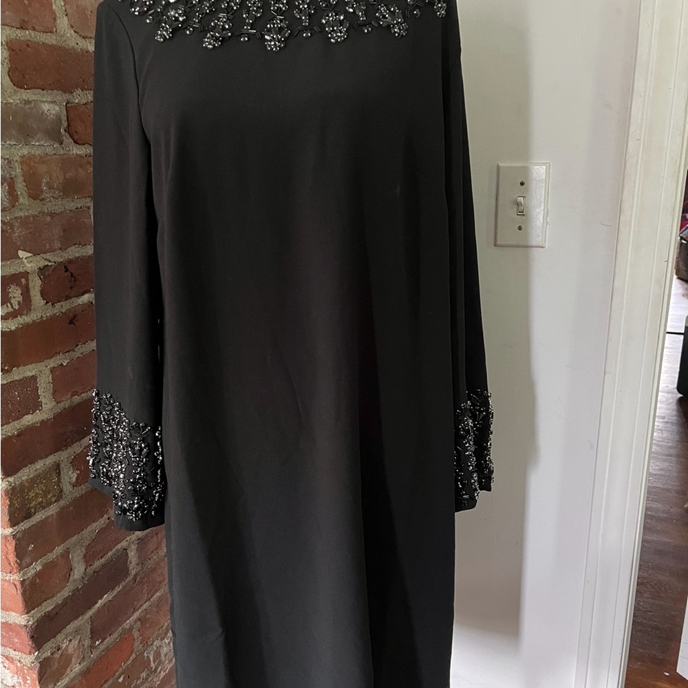 J.Crew, black dress embellished with beads on the collar and the cuffs size 12